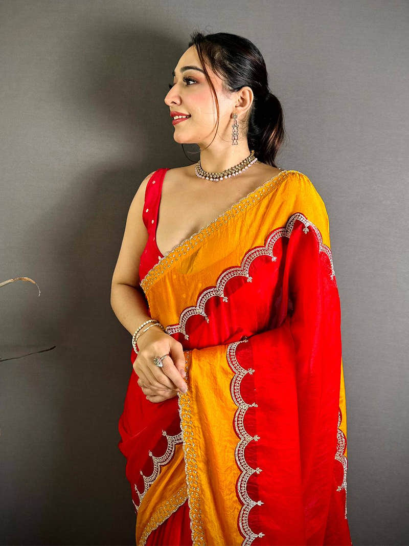 Radiant Silky Satin Diamond Zarkon Work Saree