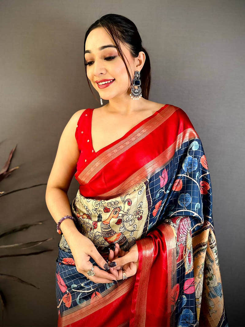 Navy Soft Silk Gadwal Kalamkari Saree