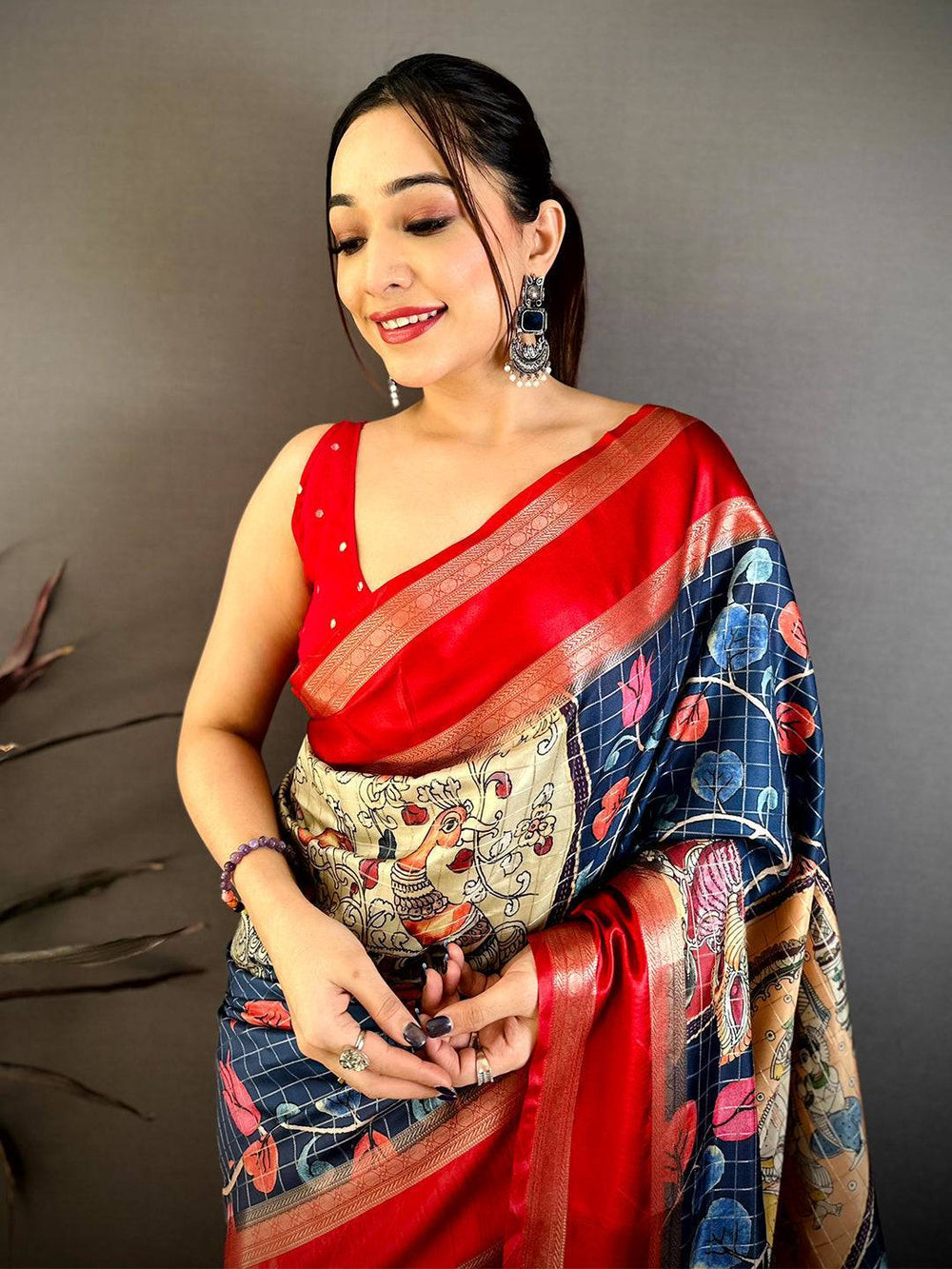 Navy Soft Silk Gadwal Kalamkari Saree