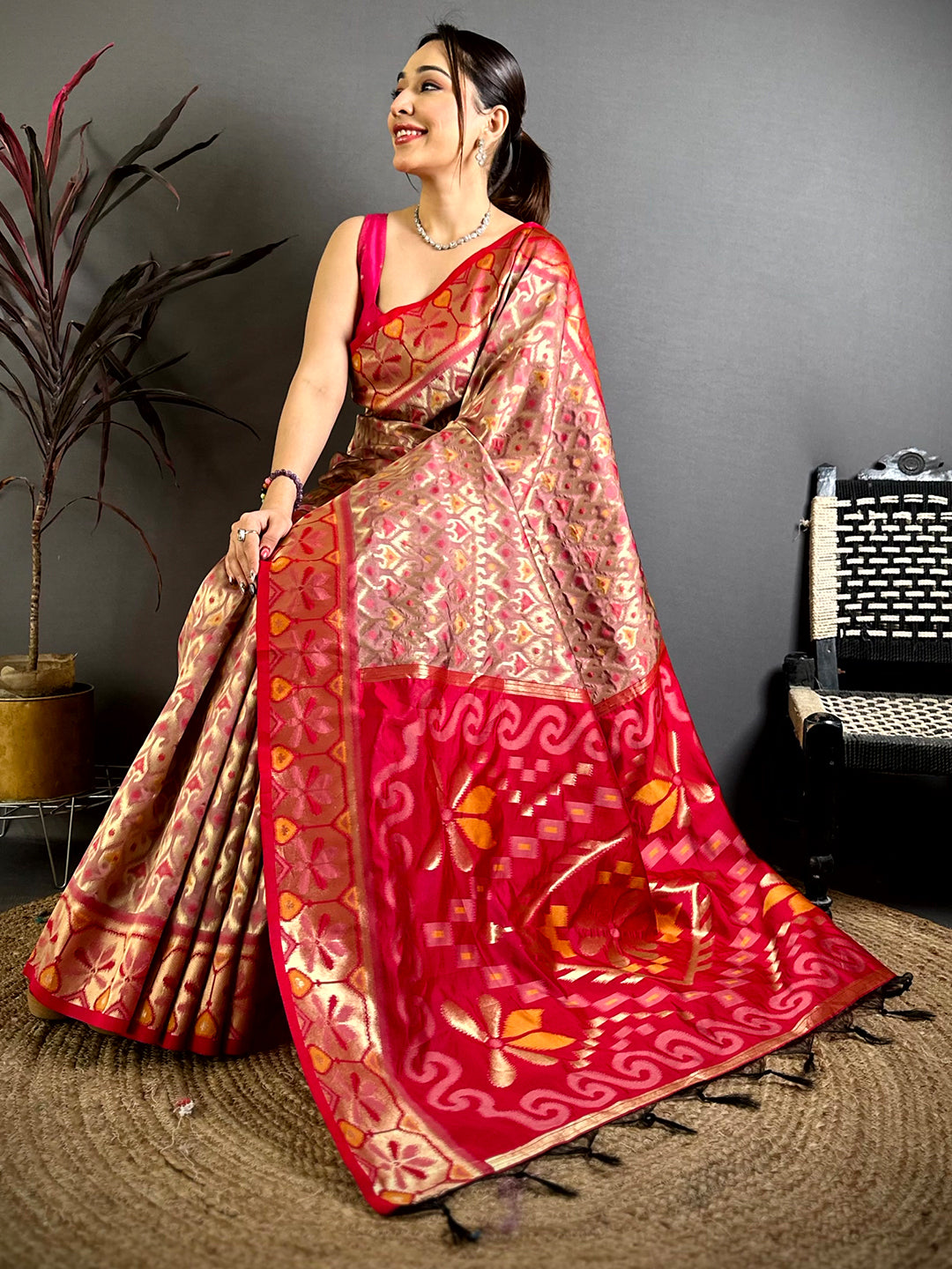 Radiant Peach Ikkat Soft Silk Saree