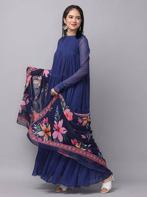 Royal Sapphire Blue Dress with floral dupatta detail