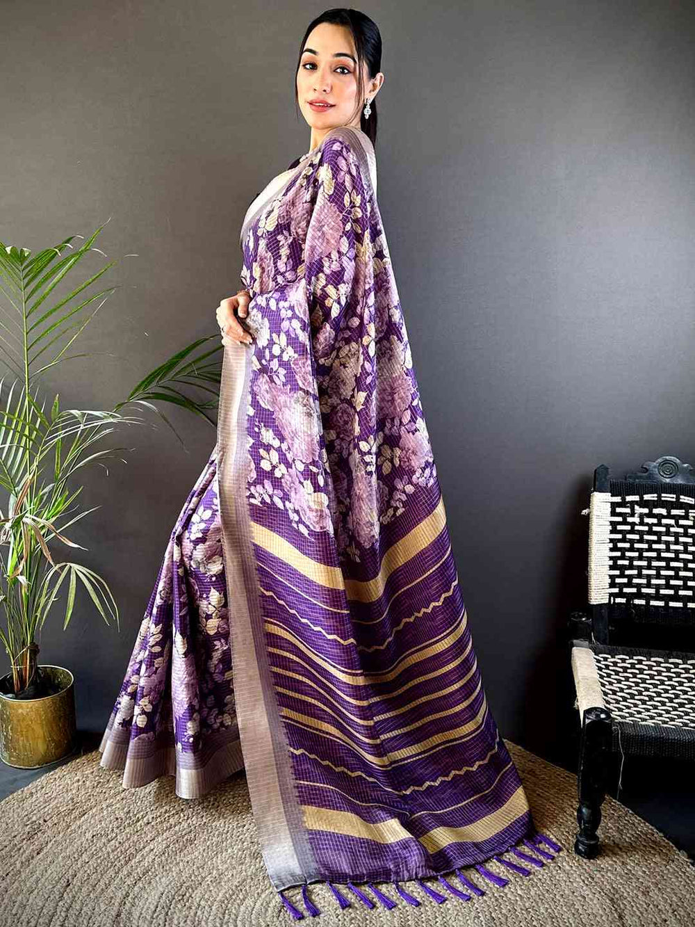 Purple Tussar Chex Floral Saree