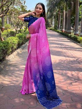 Georgette Silk Saree with Ombre Bandhej Print & Stone Work