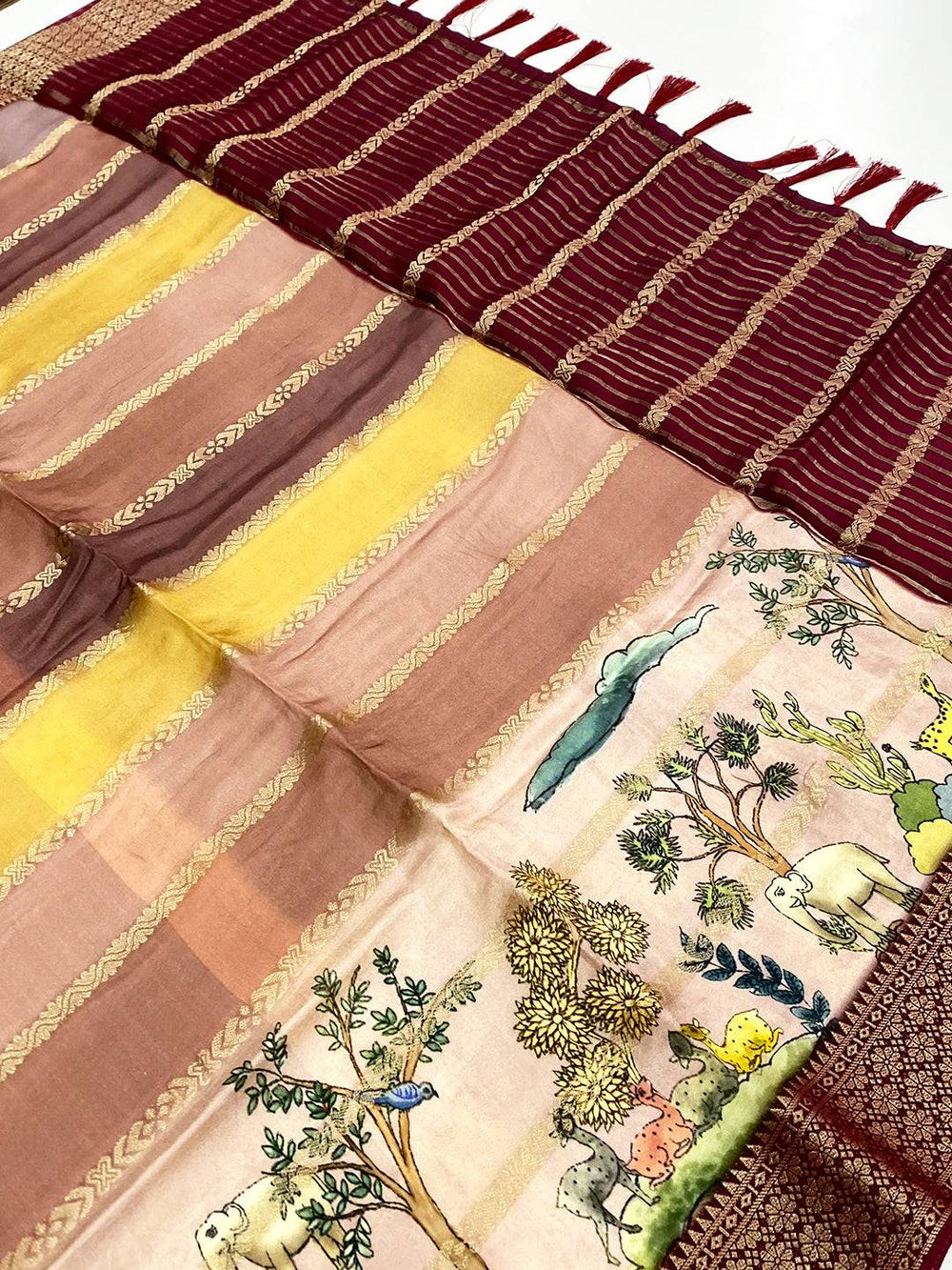 Majestic Soft Silk Kalamkari Zari Stripe Saree