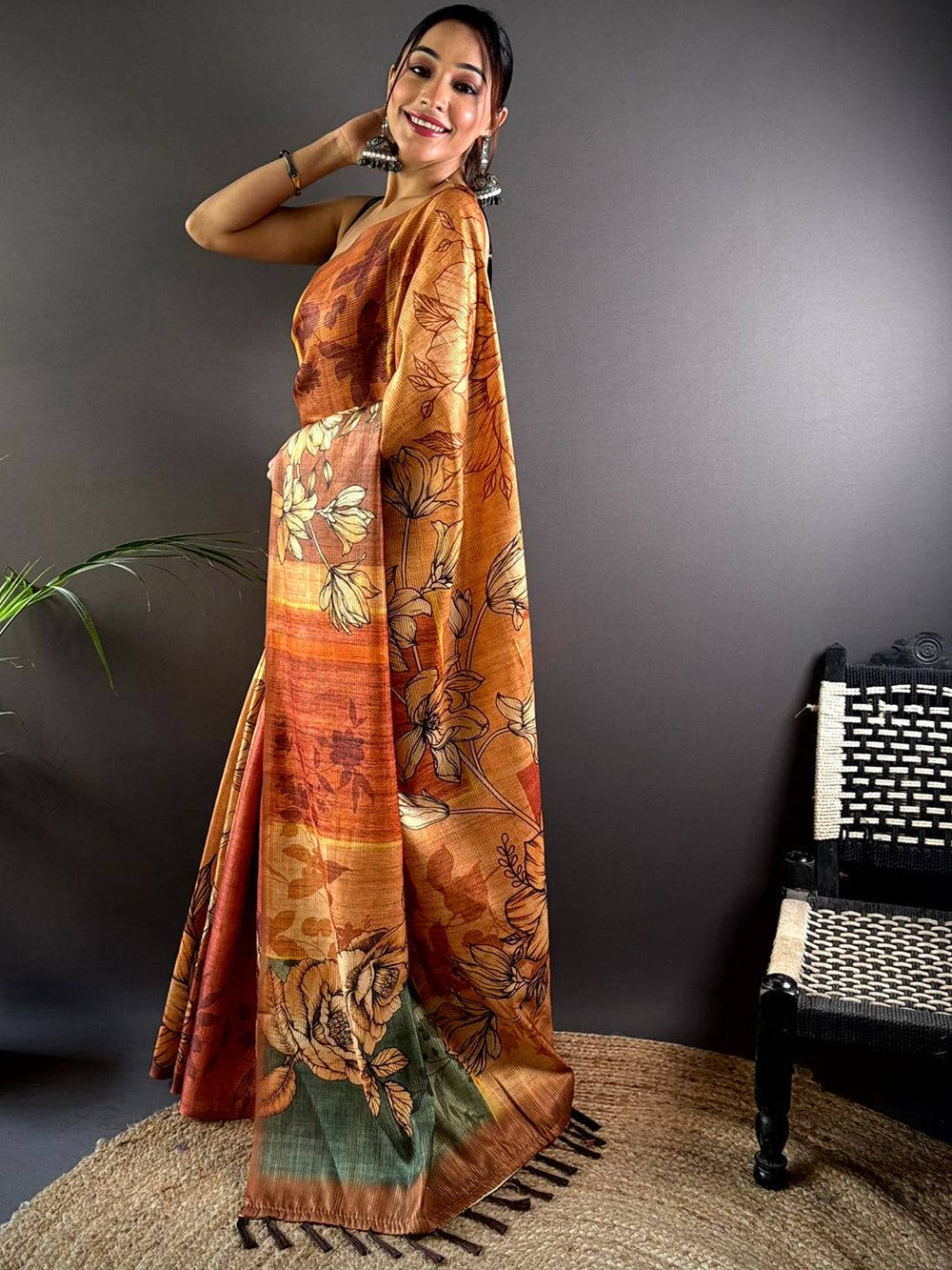 Brown Semi Gold Zari Tussar Saree