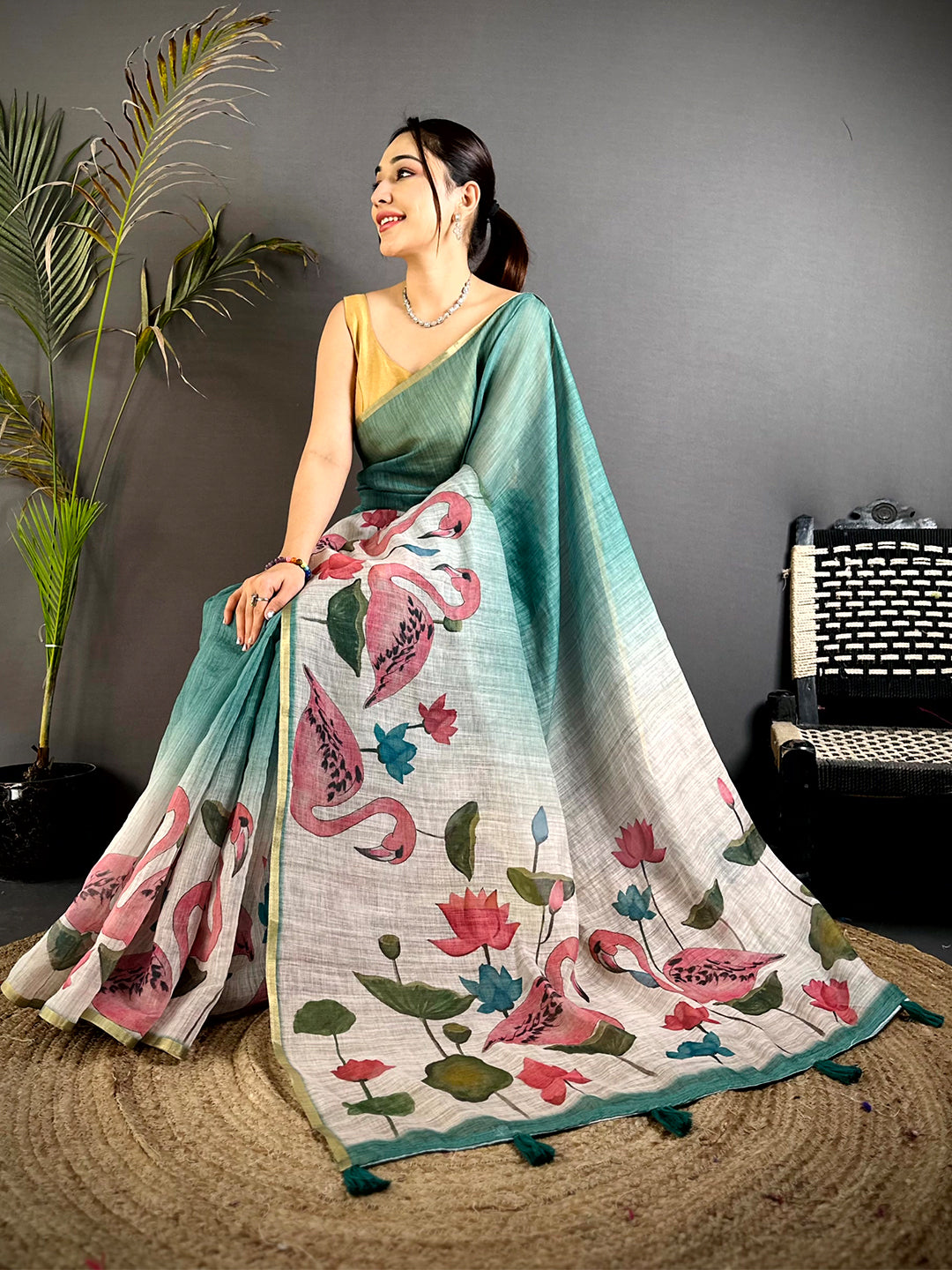 
Rama Swan Gold Zari Linen Saree


