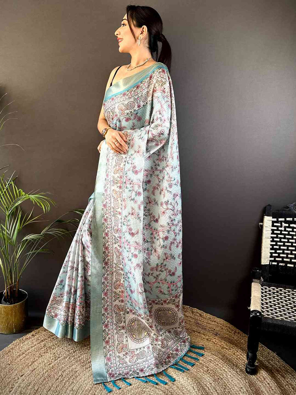 Mint Green Chanderi Madhubani Black Chex Saree