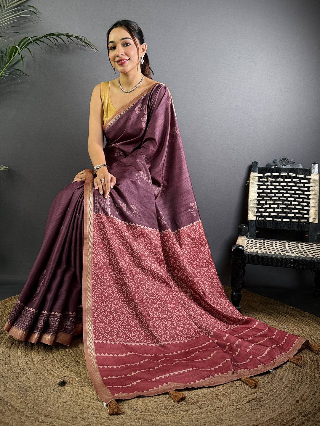 Tussar Ghicha Silk Bandhani Print Saree

