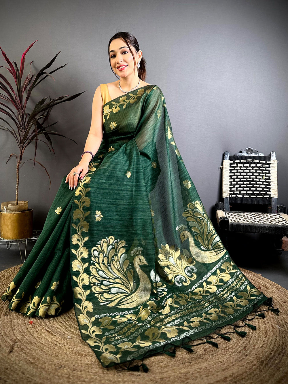 Green Peacock Zari Munga Saree