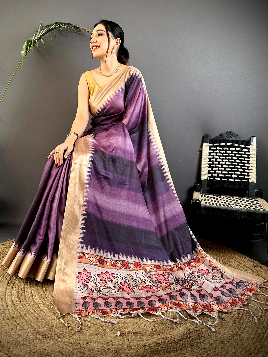 Radiant Tussar Kalamkari Pallu Saree