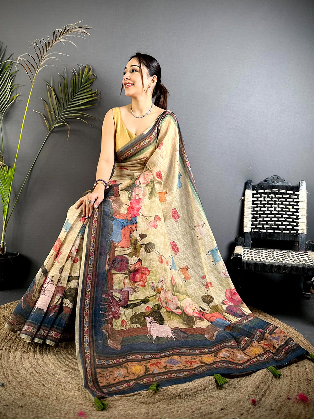Beige Pichwai Kalamkari Linen Saree