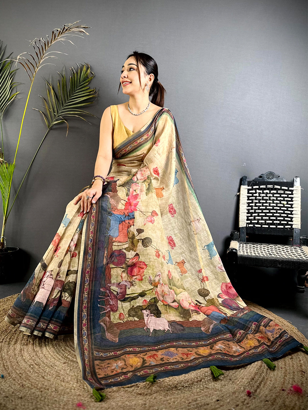 Beige Pichwai Kalamkari Linen Saree