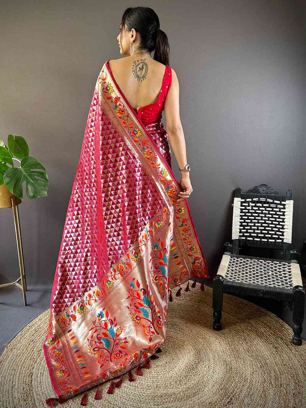 Back view of Maroon Silk Blend Paithani Saree with Zari Work