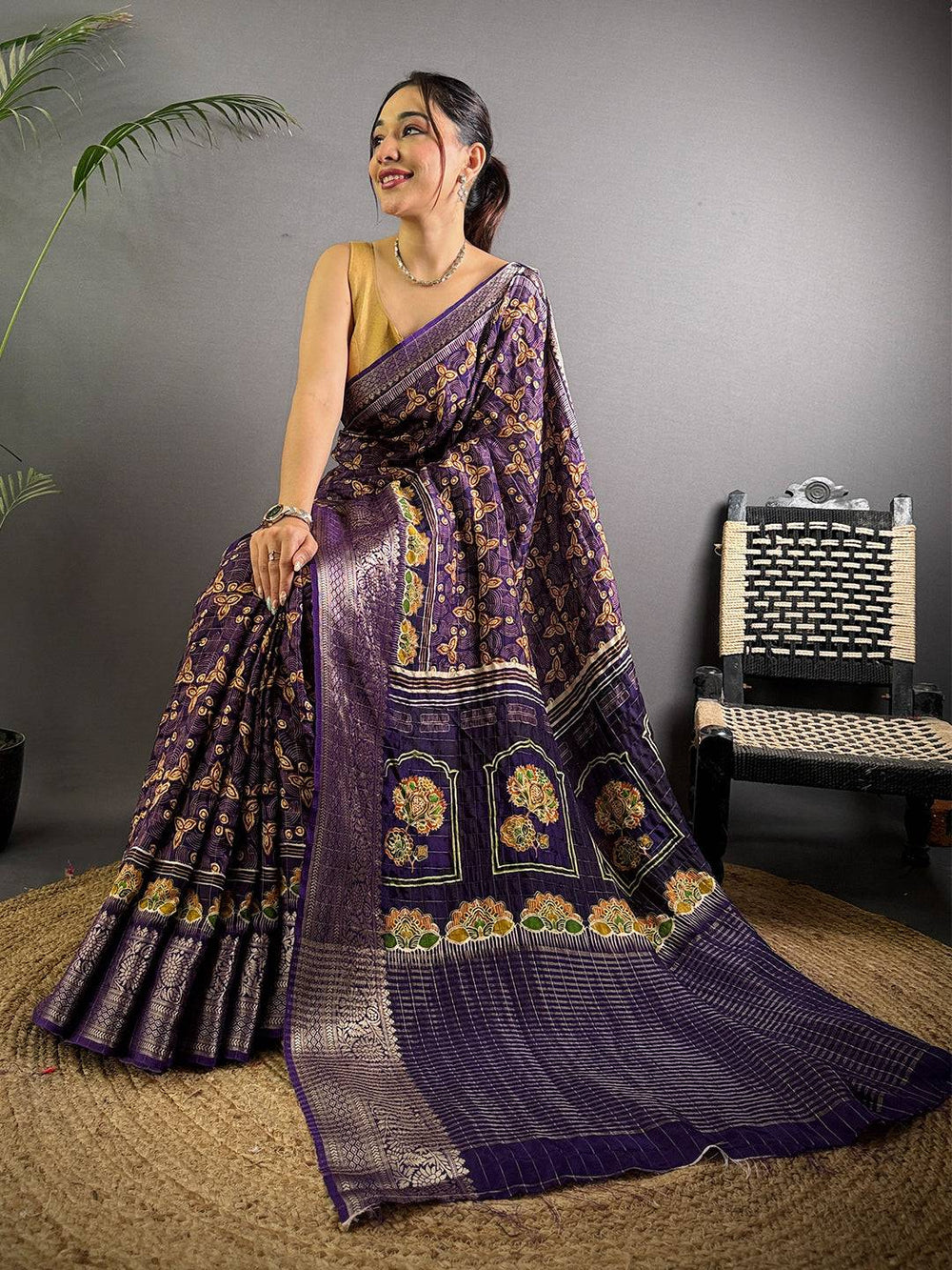 Royal Purple Ajrak Print Viscose Saree