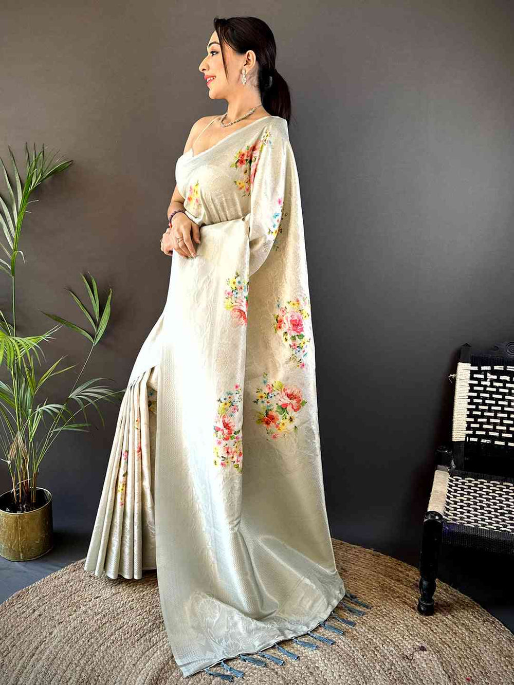 Off White Kanjivaram Digital Silk Saree