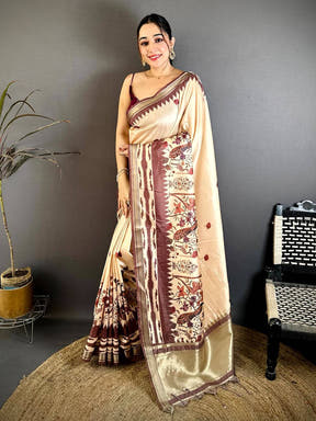 Regal Gold Lakda Patta Kalamkari Saree