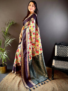 Stylish navy blue Banarasi saree showcasing floral and Pallu design