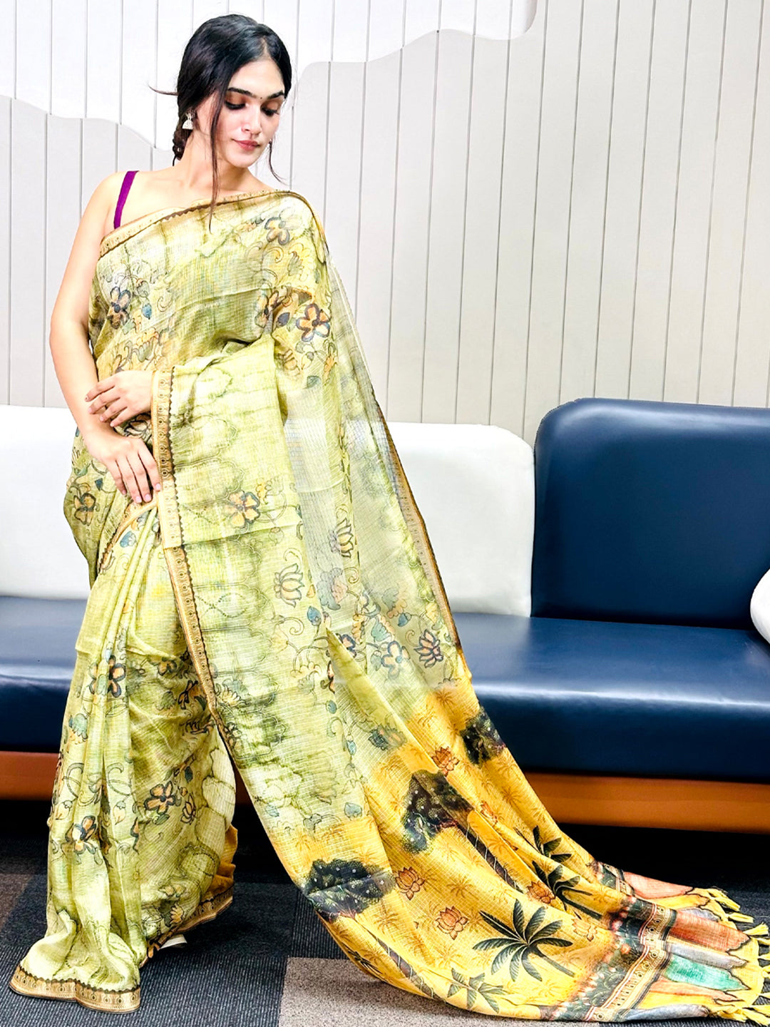 Light Green Soft Kota Doriya Silk Saree With Flower Prints and Rich Print Pallu