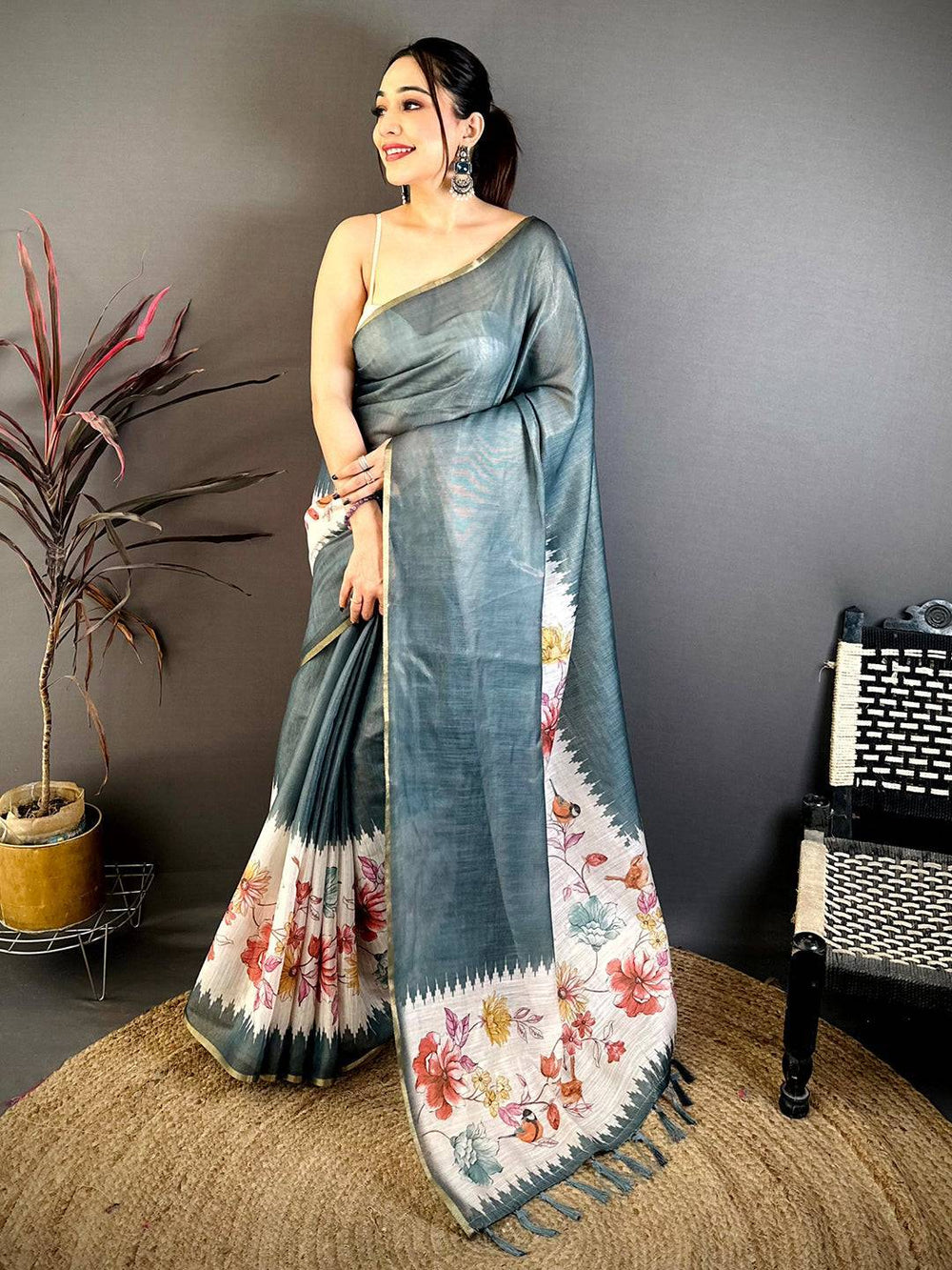 Steel Blue Floral Ikat Linen Chanderi Saree