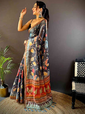 Black Tissue Chanderi Kalamkari Saree