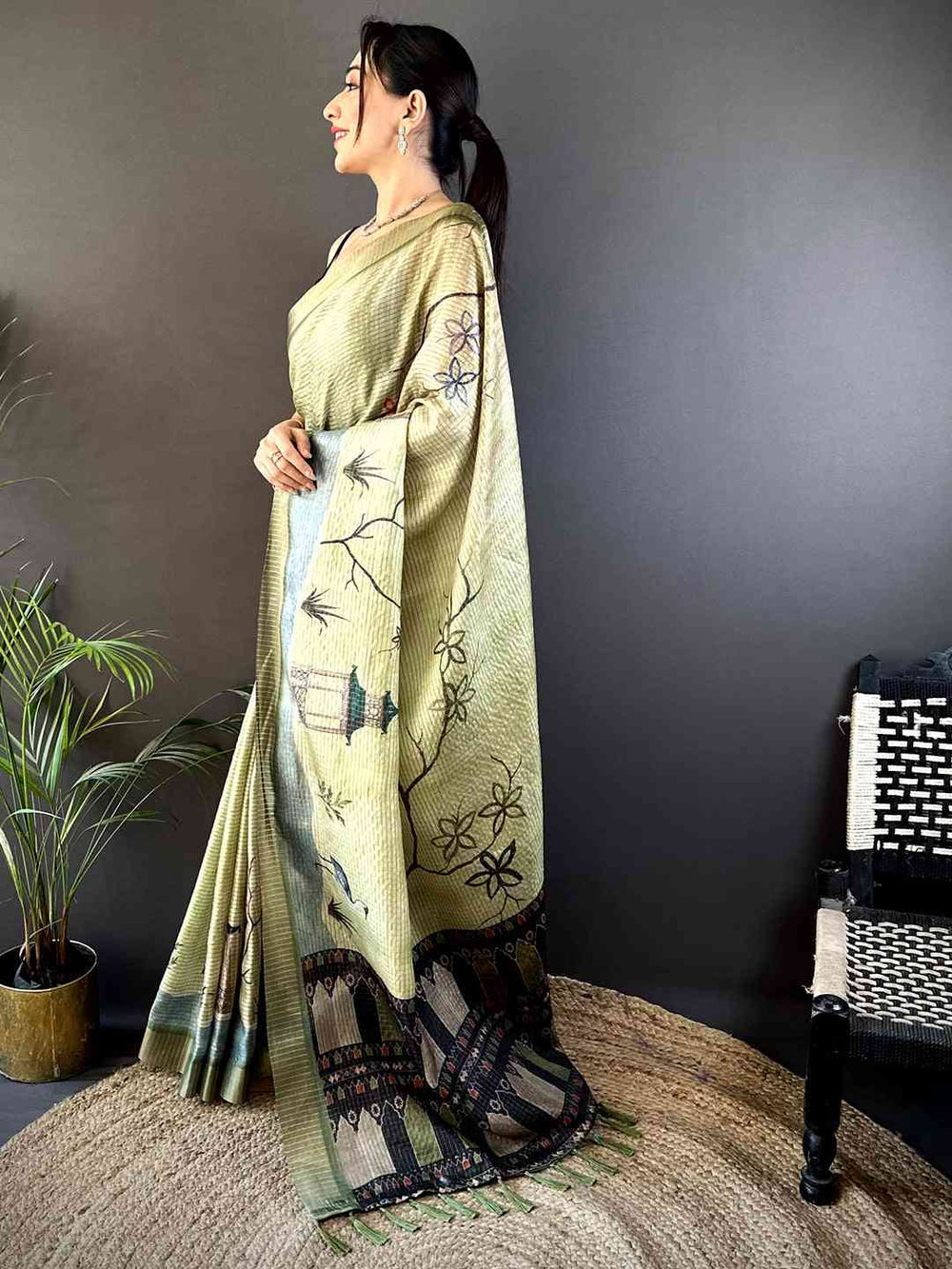 Sage Green Tissue Chanderi Japanese Print Saree