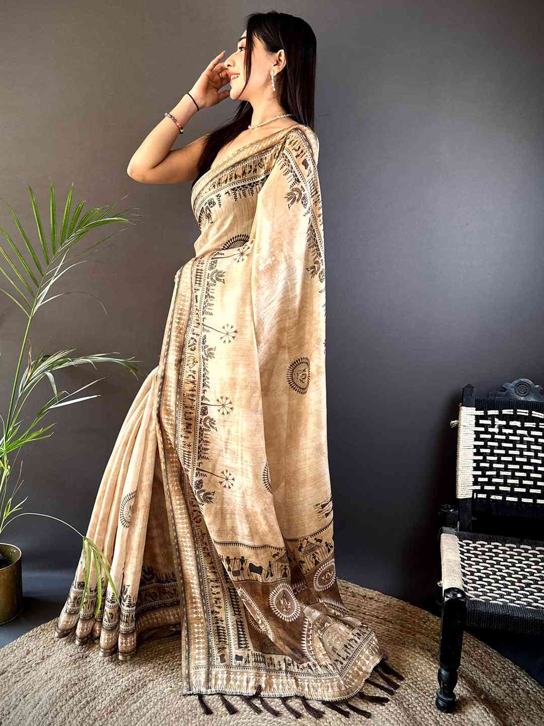 Beige Warli Print Tissue Chanderi Saree