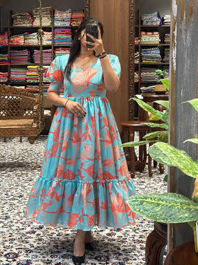 Elegant Sea Blue Floral Print Dress on display