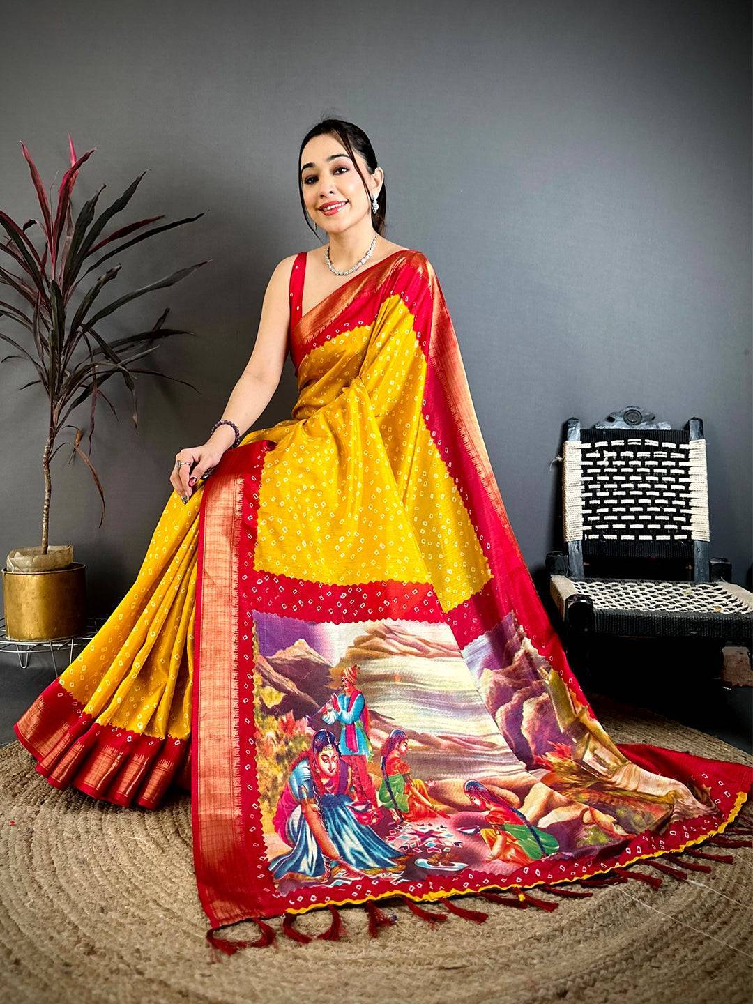 Yellow Bandhej Fusion Dola Print Saree