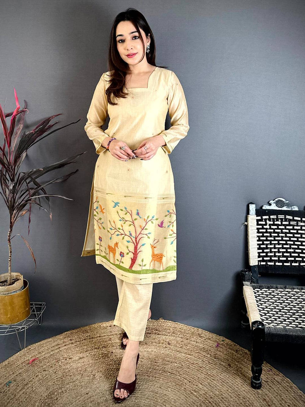 Classic Beige Floral Weave Dress