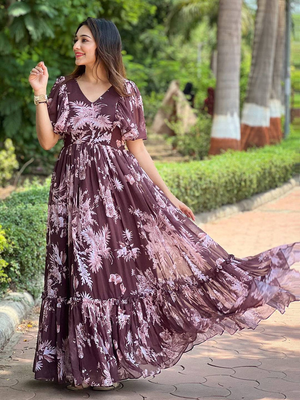 Antheaa Coffee V-neck Flary Maxi with floral print