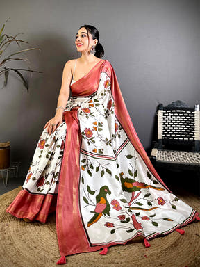 Coral Soft Dola Floral Print Gadwal Border Saree