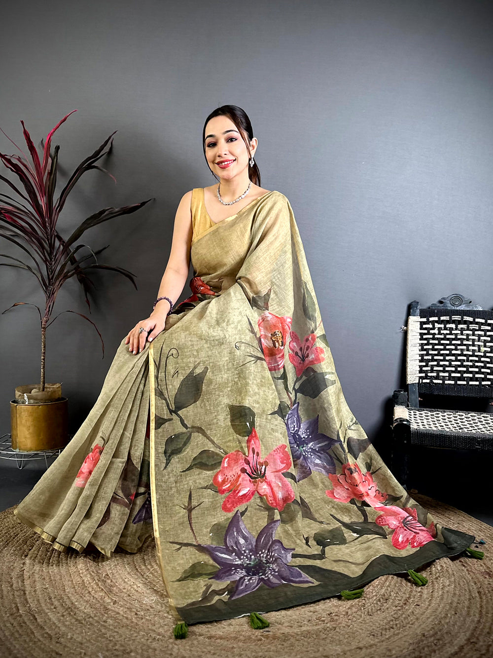 Regal Kalamkari Linen Chanderi Saree