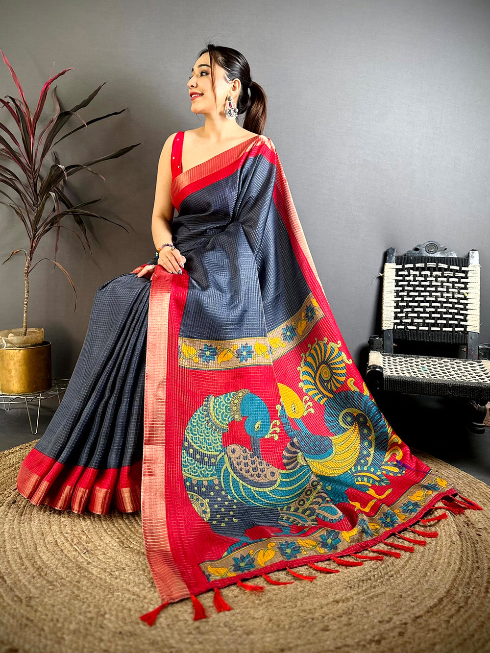 Navy Tussar Zari Chex Kalamkari Saree