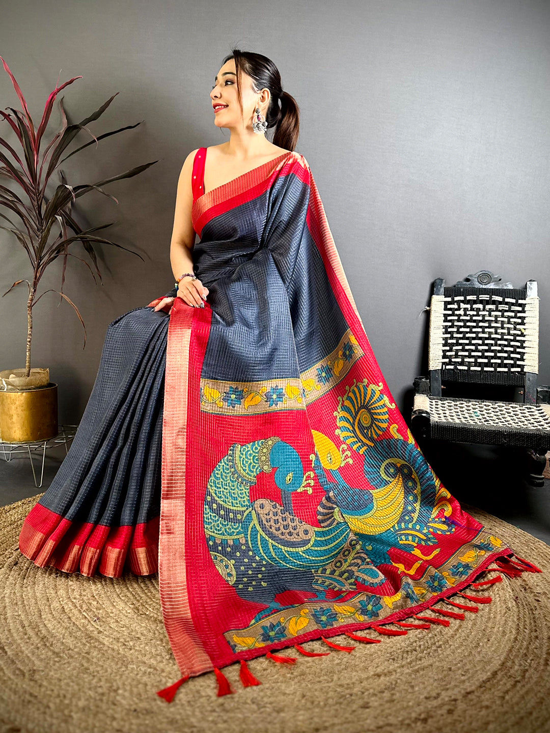 Navy Tussar Zari Chex Kalamkari Saree