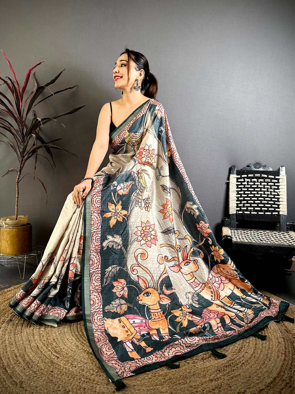 Stylish Tussar Kalamkari Art Saree