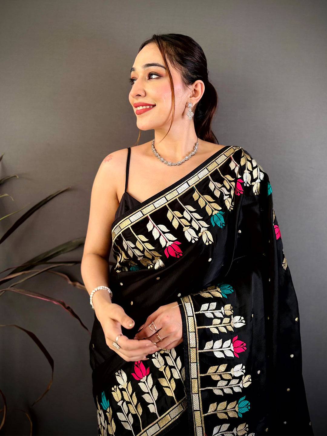 Black Soft Satin Minakari Aari Work Saree