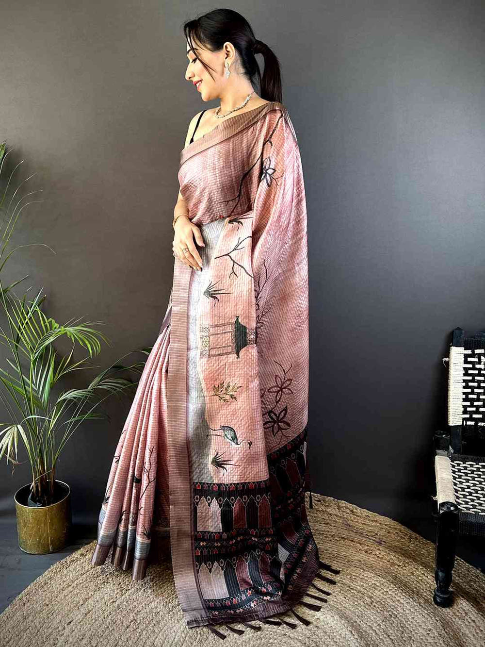 Blush Pink Tissue Chanderi Japanese Print Saree