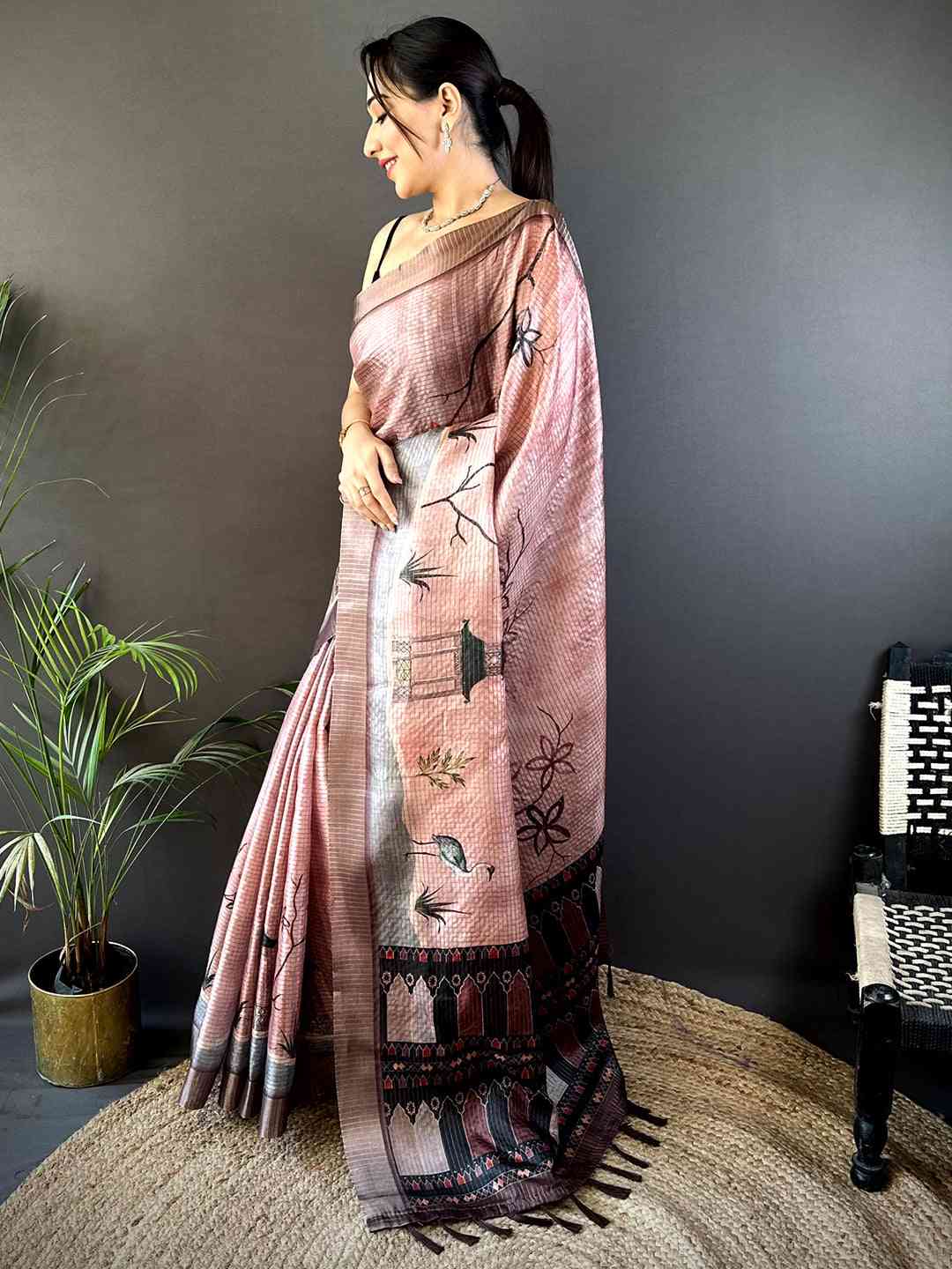 Blush Pink Tissue Chanderi Japanese Print Saree