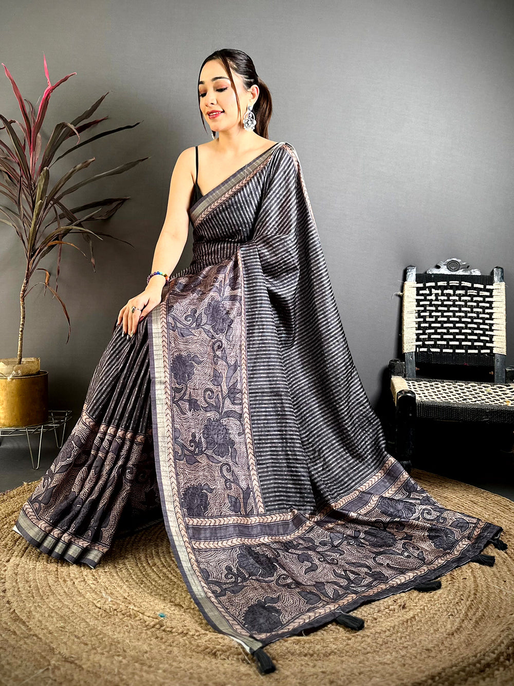 Charcoal Grey Digital Katha Work Saree