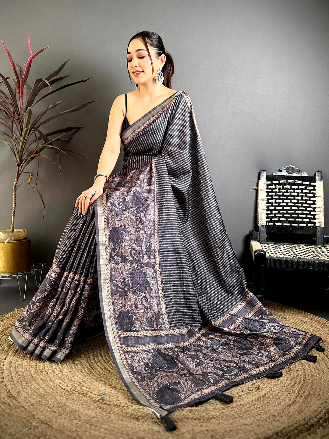 Charcoal Grey Digital Katha Work Saree