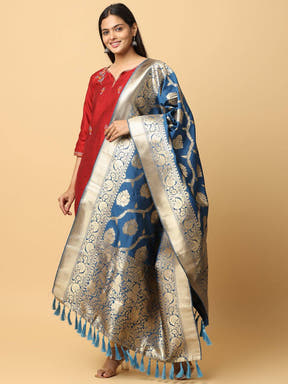 Opulent Royal Blue Silk Blend Dupatta with Floral Design