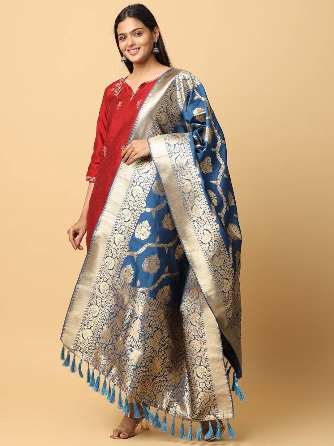 Opulent Royal Blue Silk Blend Dupatta with Floral Design