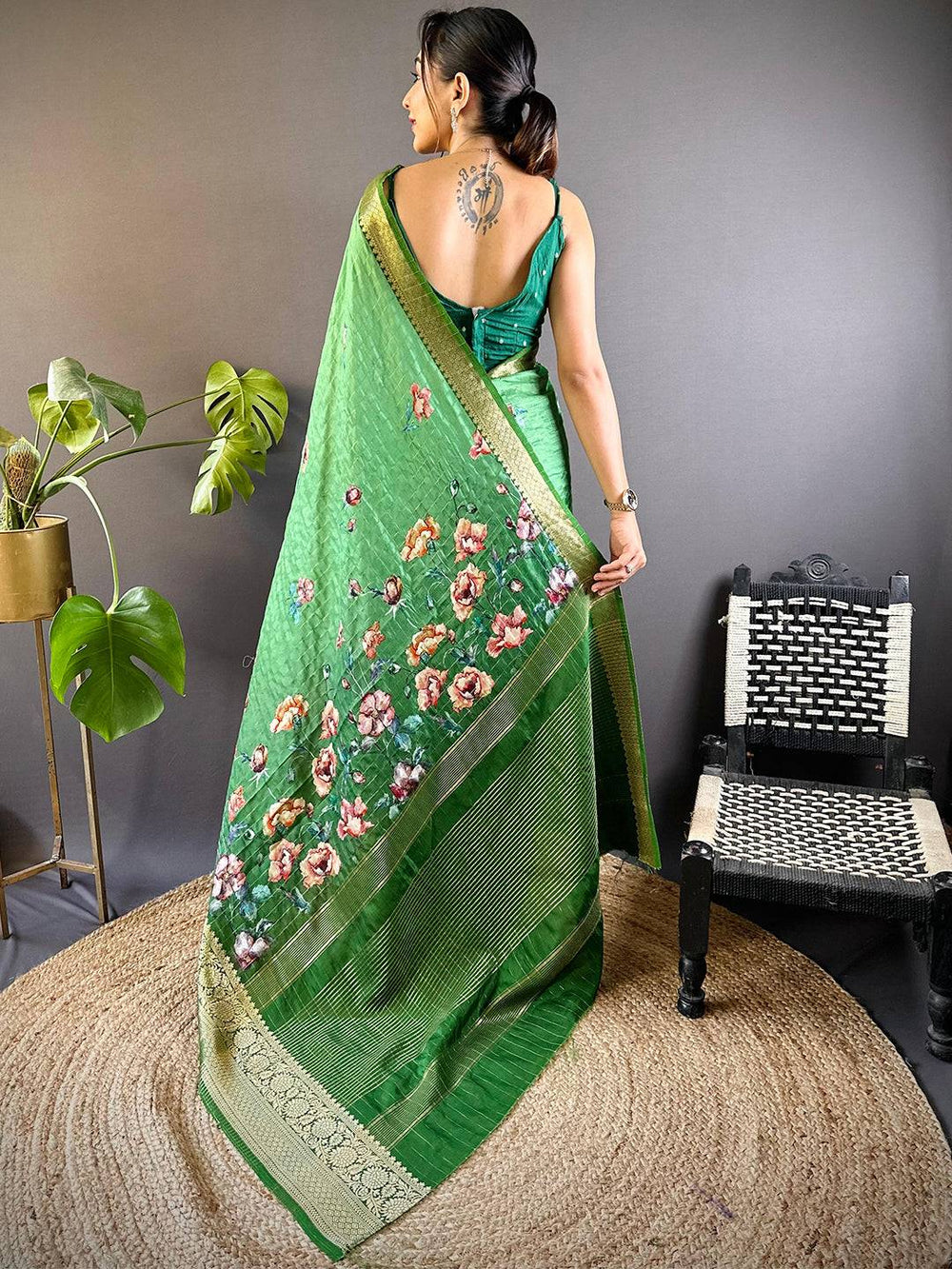 Back view of Green Floral Zari Chex Saree with floral patterns