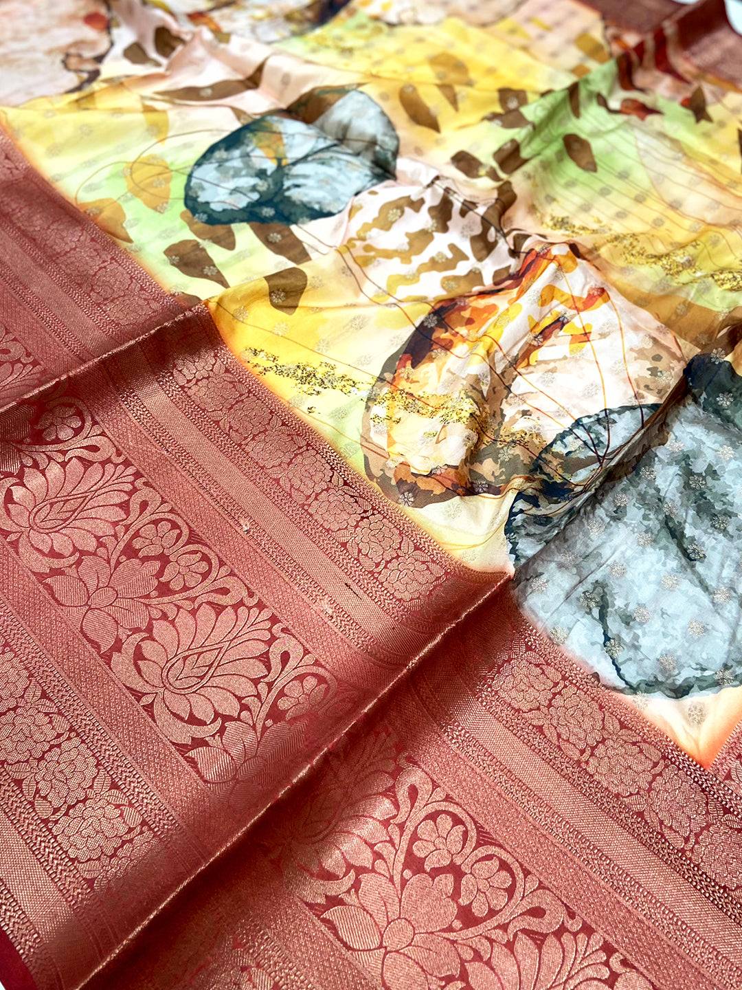 Majestic Banarasi Floral Print Saree