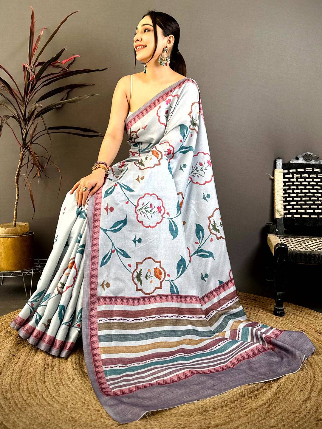 Sky Blue Floral Soft Tussar Saree