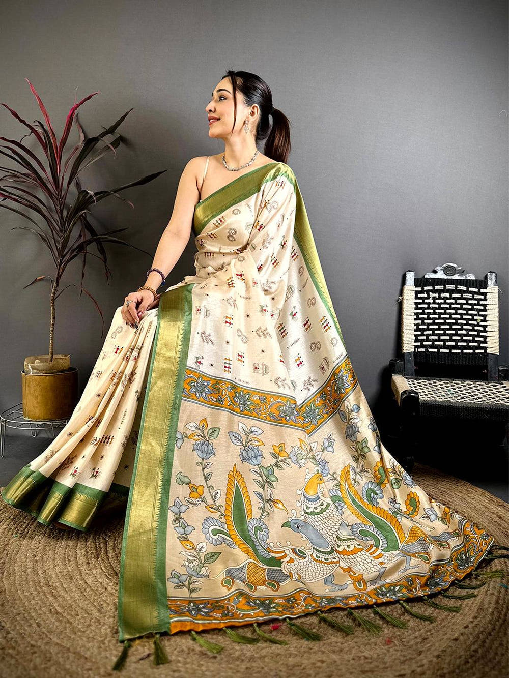 Green Soft Dola Silk Warli Print Saree