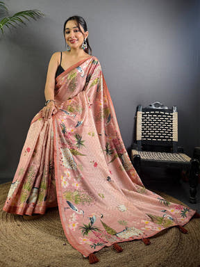 Rose Pink Pichwai Print Tussar Silk Saree

