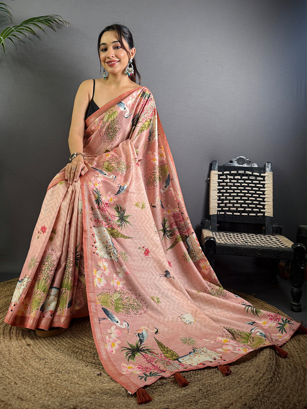 Rose Pink Pichwai Print Tussar Silk Saree