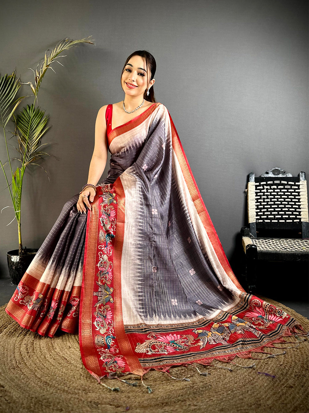 Grey Tanjore Art Semi Silk Saree