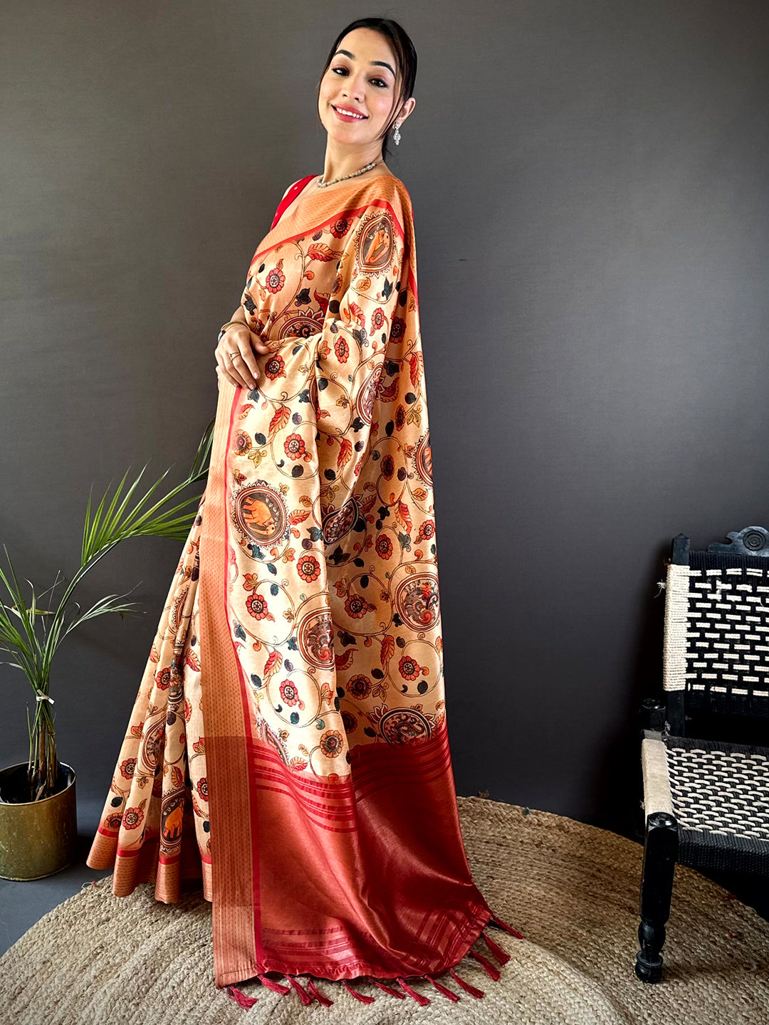 Beige Digital Kalamkari Printed Tussar Silk Saree